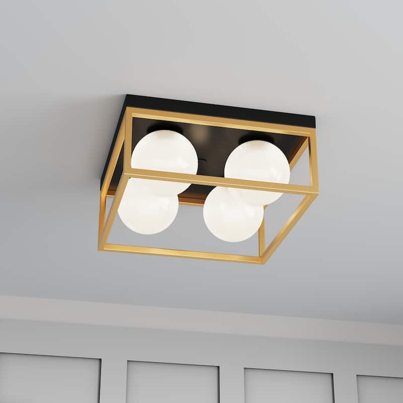 Farmhouse Black and Gold 4-Light Flush Mount Ceiling Light with Globe Frosted Glass Shades