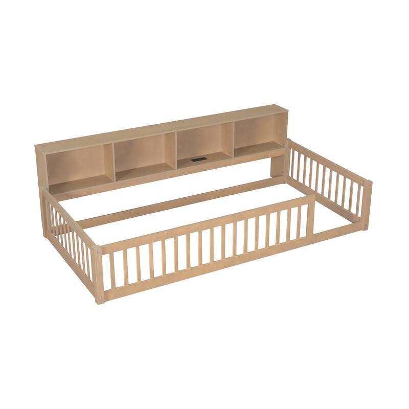 Roomfitters Wood Twin XL Floor Bed with Storage Cabinets and USB Ports