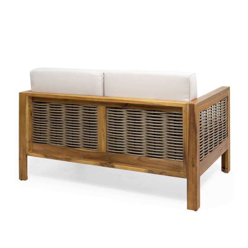 Roomfitters Acacia Wood and Wicker Loveseat Patio Set with Cushions and Coffee Table, Teak Beige
