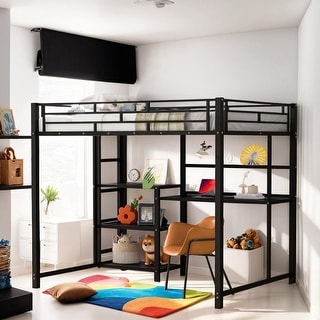 Full Size Loft Bed with Desk, Whiteboard, 3 Shelves and Ladder, Espresso