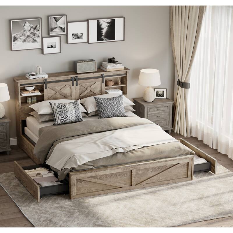 GDFStudio - Junie Rustic Wooden Bed Frame with LED Lights, Built-in Charging Station, 2 Underbed Drawers & No Box Spring Needed