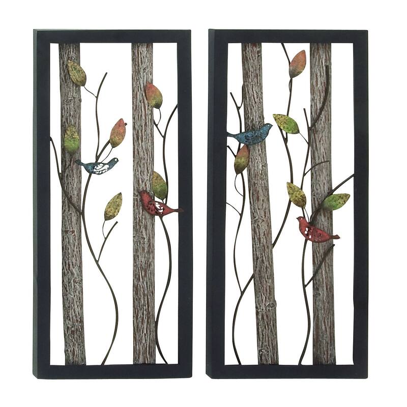 Black Metal Bird Wall Decor with Tree Branches and Colorful Leaves