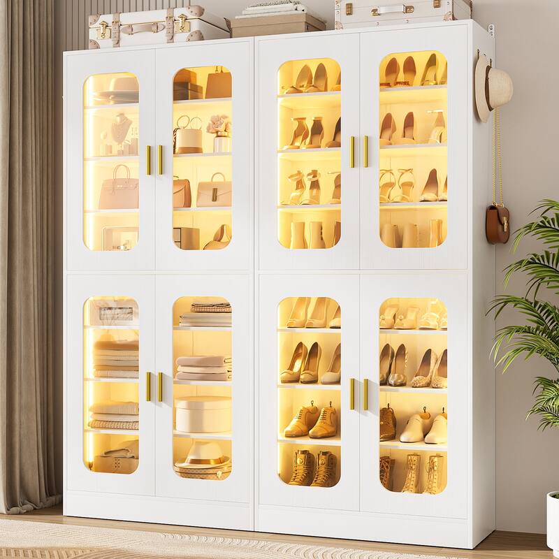 8-Tier Shoe Cabinet with LED Light, 32 Pairs Tall Shoe Storage Organizer with Side Hooks - White - 2pcs