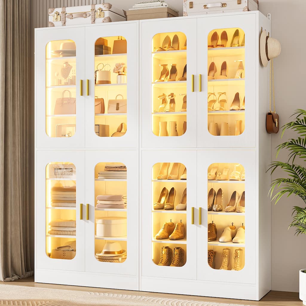 8-Tier Shoe Cabinet with LED Light, 32 Pairs Tall Shoe Storage Organizer with Side Hooks