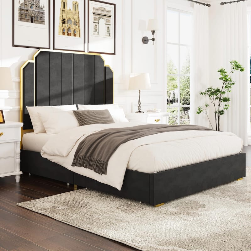 Queen Size Upholstered Bed Frame with 59.06" Headboard and Golden Plating Trim - Black