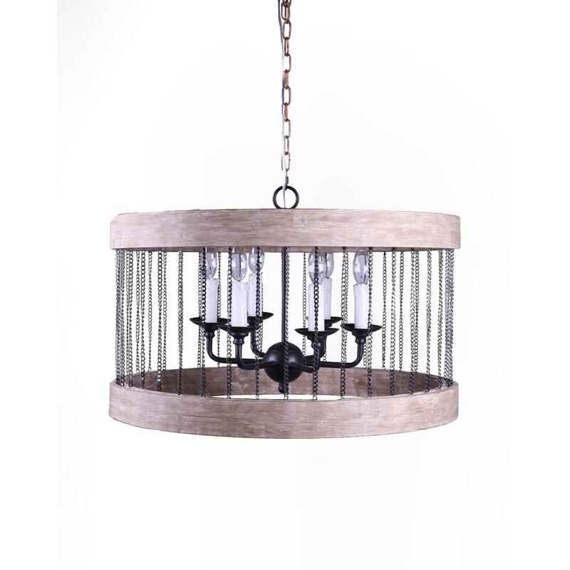 HomeRoots Black And Natural Wood and Metal Cylinder Six Light Dimmable Chandelier - 26.00' X '23.00' X '26.00