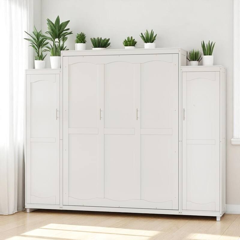 Full/Queen Murphy Bed with 2 Wardrobes and Shelf, Foldable Wall Bed Frame with Storage for Guest Room or Bedroom