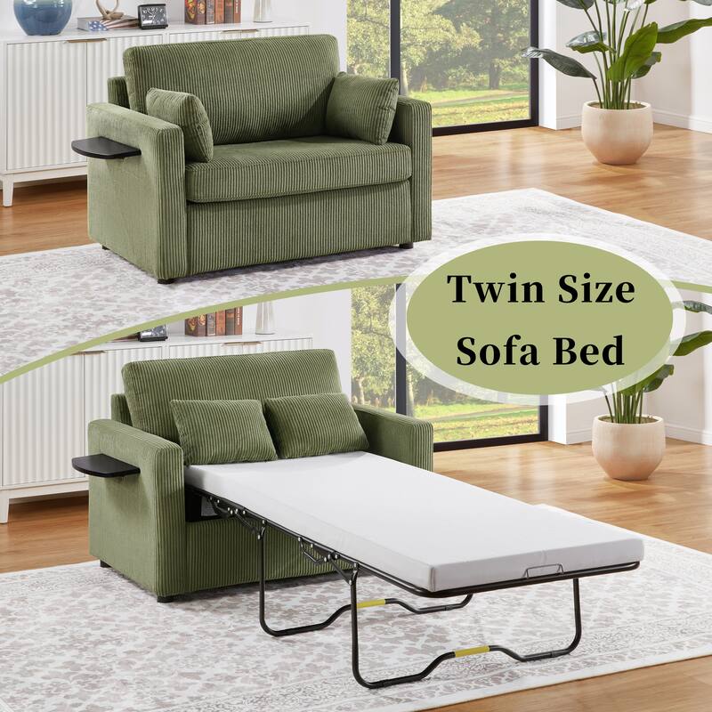 Twin Size Sofa Bed Sleeper Sofa with a Foldable Mattress, a Foldable Side Table, a Side Storage Pocket and Two USB Ports