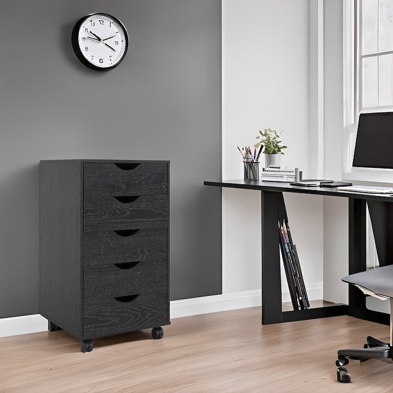 Portable 5-Drawer Wooden Cabinet with 360° Wheels, Smooth Pullout & Extra Top Storage