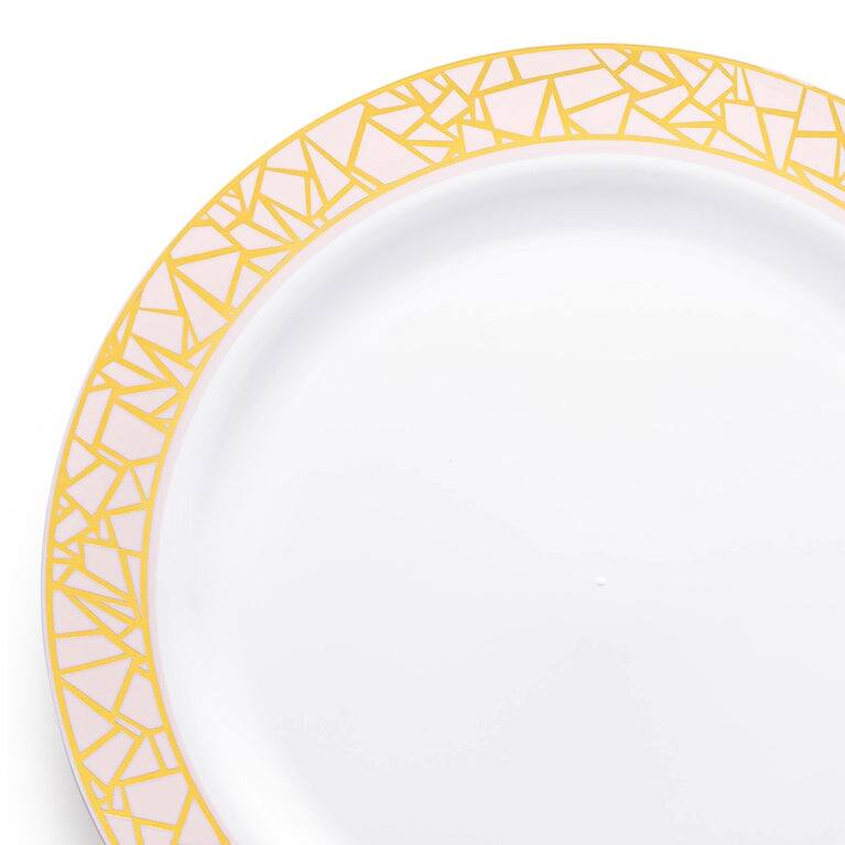 Shiny Mosaic Rim Disposable Plastic Plate Packs - Party Supplies - 120pcs - Salad Plates - White with Pink and Gold Rim