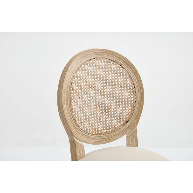 Set of 2 French Country Dining Chairs, Upholstered with Natural Rattan Round Back