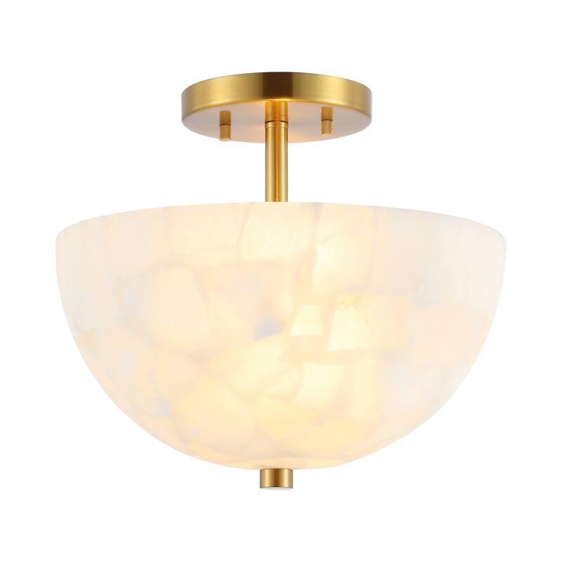 Jules 11.88" 2-Light Modern Alabaster/Iron Inverted Dome LED Semi Flush Mount, White Marbling/Brass Gold by JONATHAN Y - White Marbling/Brass Gold