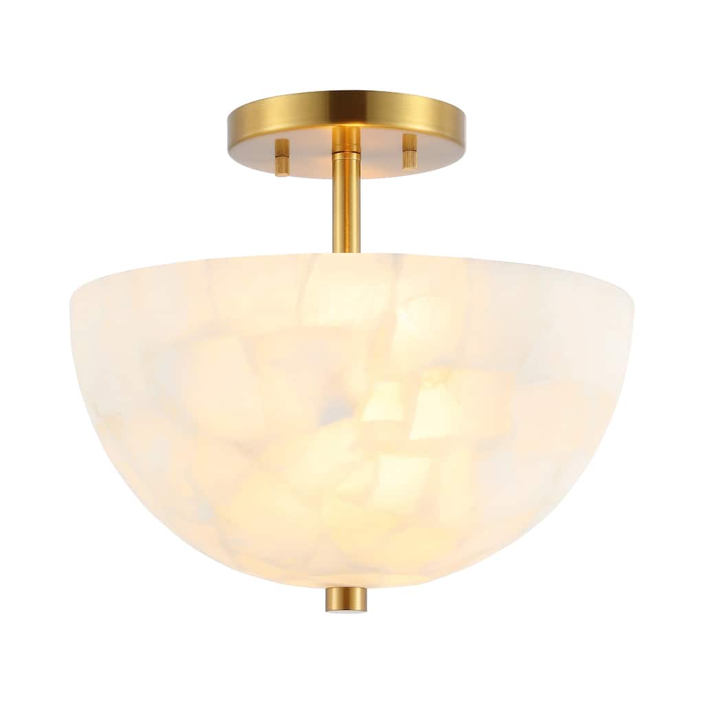Jules 11.88" 2-Light Modern Alabaster/Iron Inverted Dome LED Semi Flush Mount, White Marbling/Brass Gold by JONATHAN Y