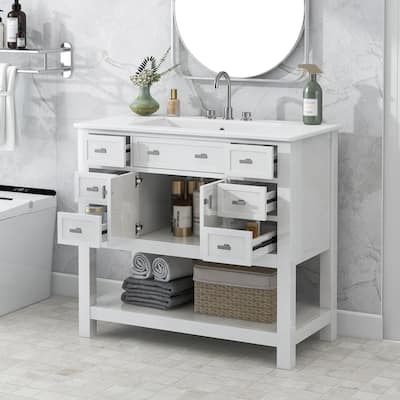 Bathroom Vanity with Top Sink, Bathroom Storage Cabinet with 2 Soft Closing Doors, Bathroom Vanities with 6 Drawers