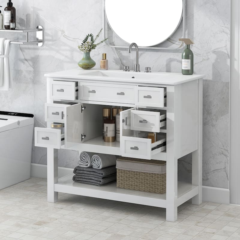 Roomfitters 36" Vanity with Sink, Modern Bathroom Cabinet with 2 Doors and 6 Drawers, Freestanding Storage Design - White