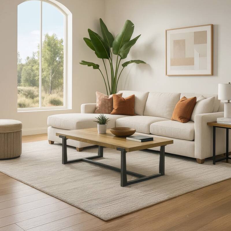 Marlon 48" Coffee Table Handmade Aluminum Cast Black Frame Natural Brown Solid Mango Wood Top