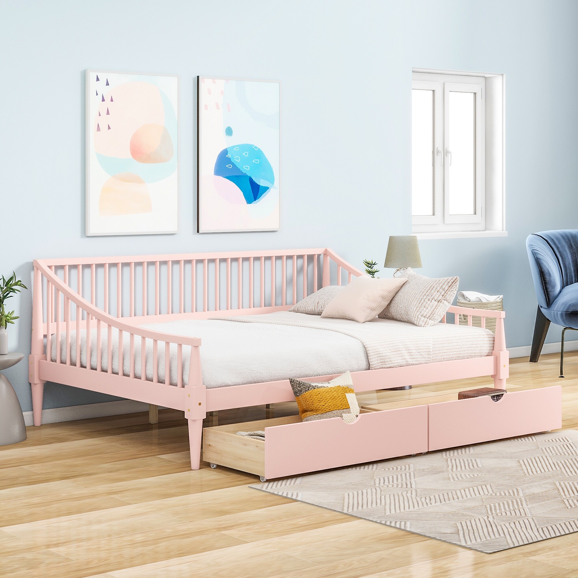 Full Size Daybed with 2 Storage Drawers for Kids Teens Adults Pink