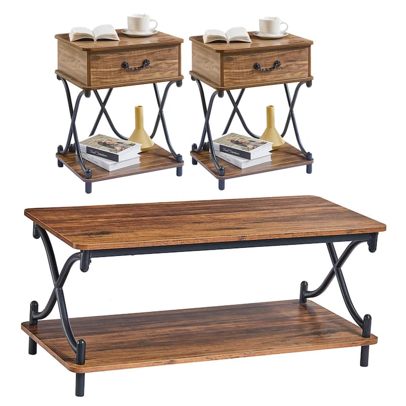 Modern 3-piece Coffee Table, Sofa Table & 1-drawer Nightstand Set of 2(Brown/Black/White) - Brown Set
