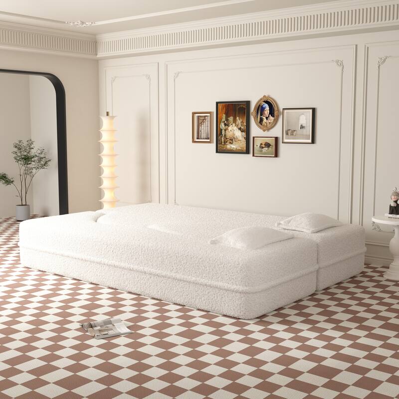 Modern Floor Sofa with 2 Pillows,Convertible Teddy Fabric Foam-Filled Sleeper Sofa Bed,15" Full Size Folding Mattress - Beige