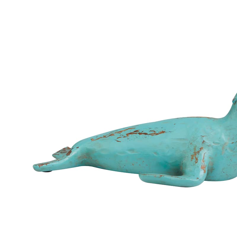 Polystone Sea Lion Distressed Sculpture with Brown Wood Inspired Accents - Set of 2 Teal - Roche River Decor - 12"W x 7"L x 5"H