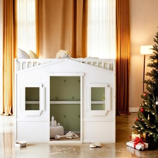 Elegant Design Twin Size Wood House Loft Bed With Ladder,Multi-Functional Children's Bed-White