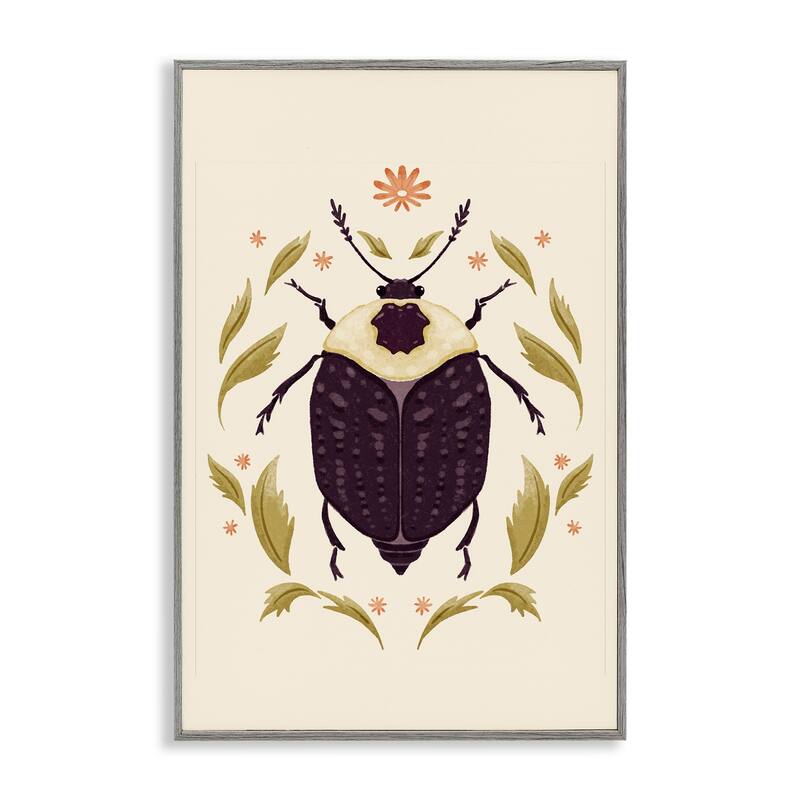 Stupell Black Beetle with Leaves Framed Giclee Art Design By Hannah Moren - 16 x 24 - Grey