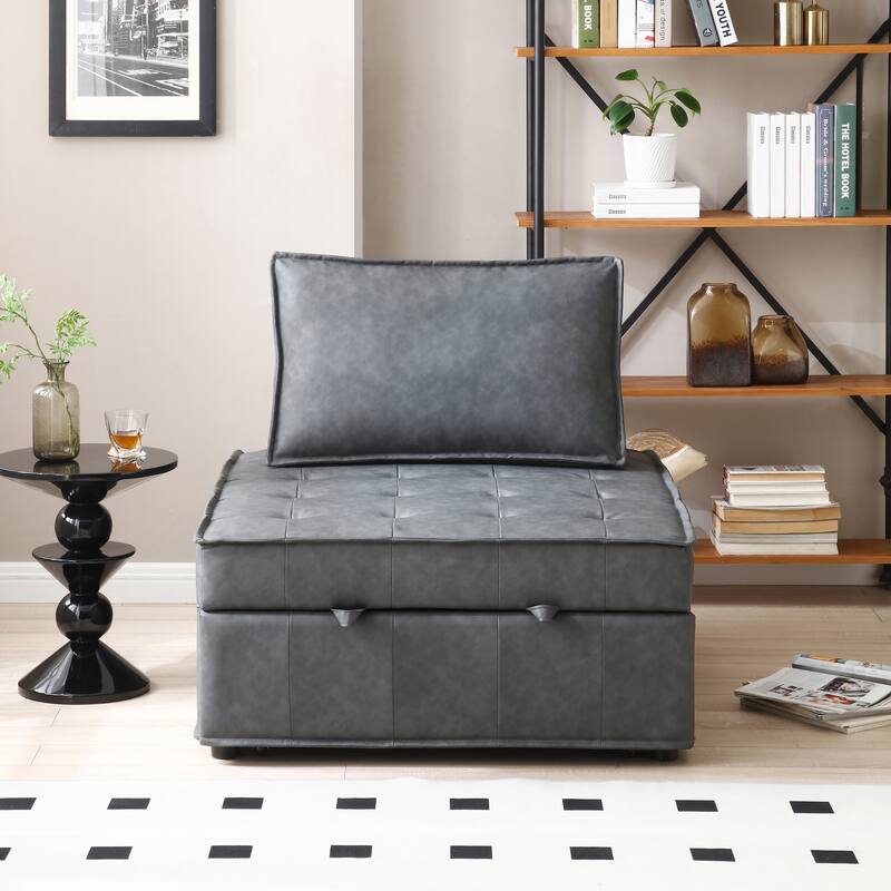 Faux Leather Ottoman Pull Out Sofa Bed with Adjustable Backrest