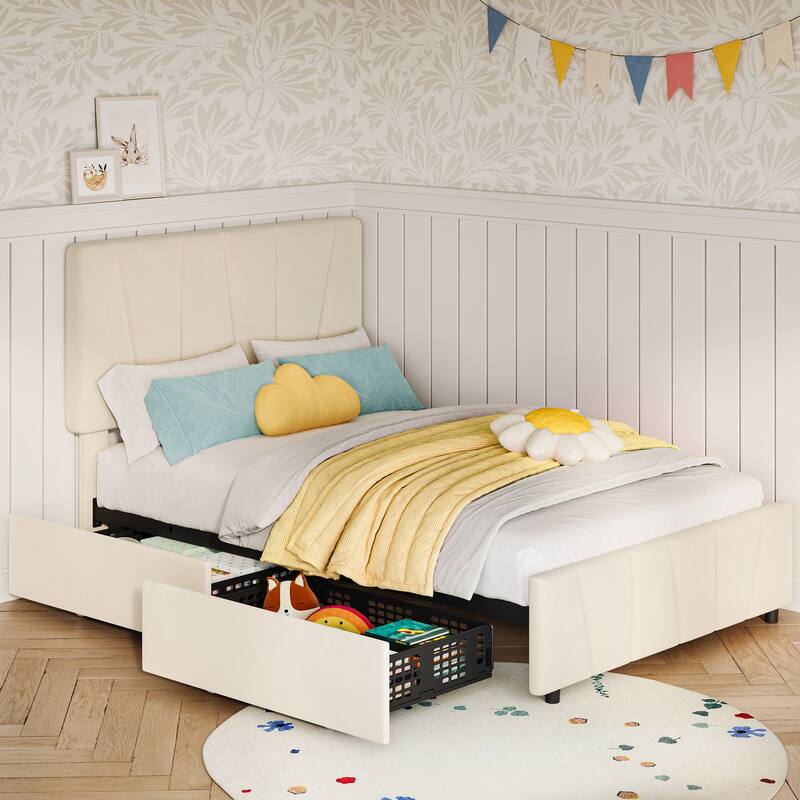 Twin Size Bed Frame with Adjustable Headboard and 2 Storage Drawers