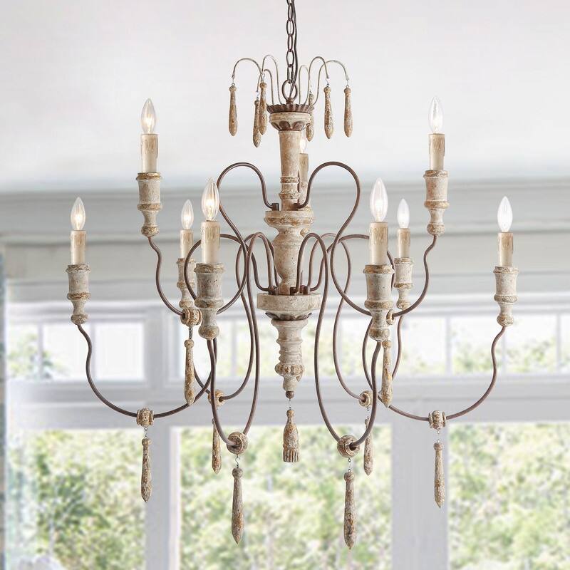 Farmhouse Wood 9-Light Chandelier French Country Classic Candle Light for Dining Living Room - 9-light D39" x H38.1"