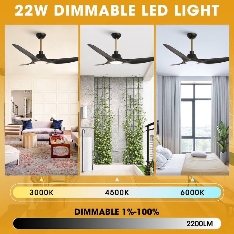 52" Modern Black Dimmable Propeller Smart Ceiling Fan with Light and Remote, App Control, Voice Control