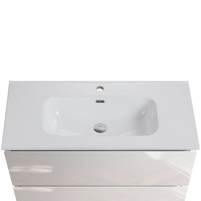 GDFStudio - Modern Sleek Rounded Edges Integrated Ceramic Basin with Glossy Finish, Drain Not Included