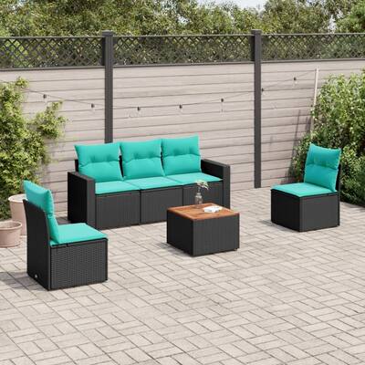 vidaXL 6 Piece Patio Sofa Set with Cushions Black Poly Rattan - 21.7 x 24.4 x 27.2