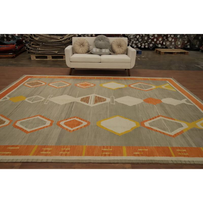Hand Woven Oriental 100% Wool Carpet Southwestern Tribal Greys & Charcoal Kilim Area Rug - 11' 7'' X 9' 5''