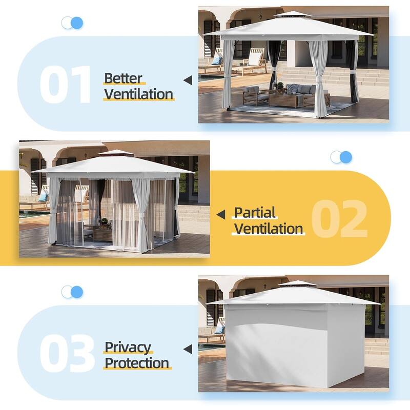 EROMMY Outdoor Gazebo with Double Roof, Heavy Duty Patio Canopy Tent with Netting and Curtains.