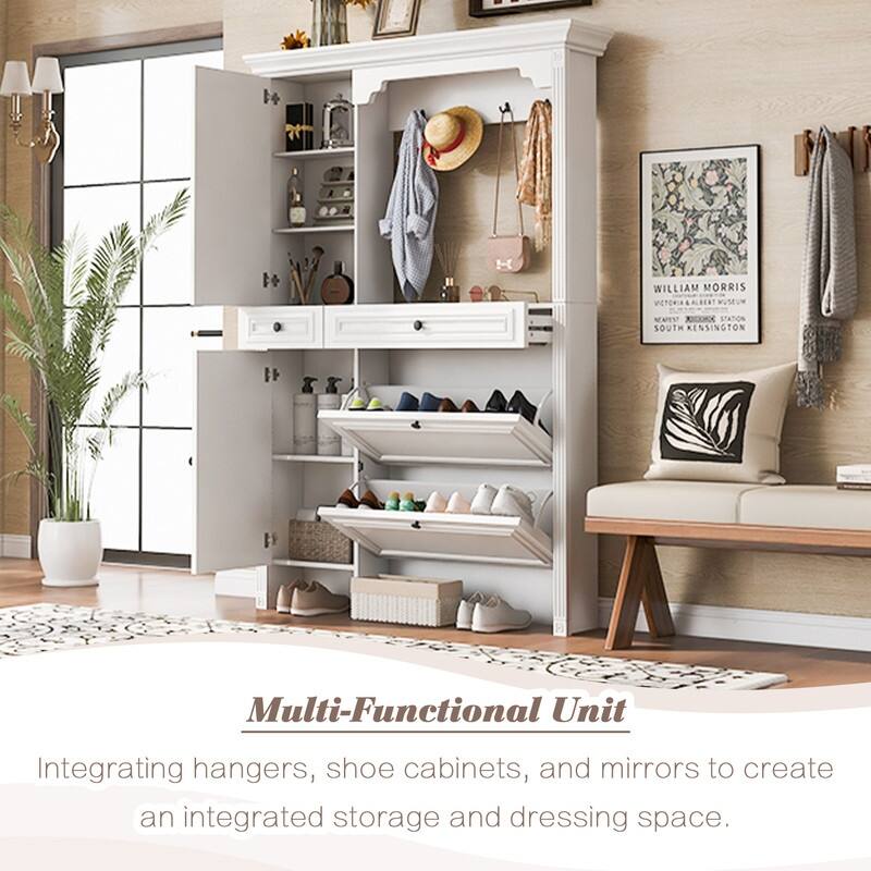54.7'' Hall Tree with Integrated Shoe Cabinet and Mirrored Cabinet Door, Coat Hanger, Entryway Bench, 4-in-1 Design