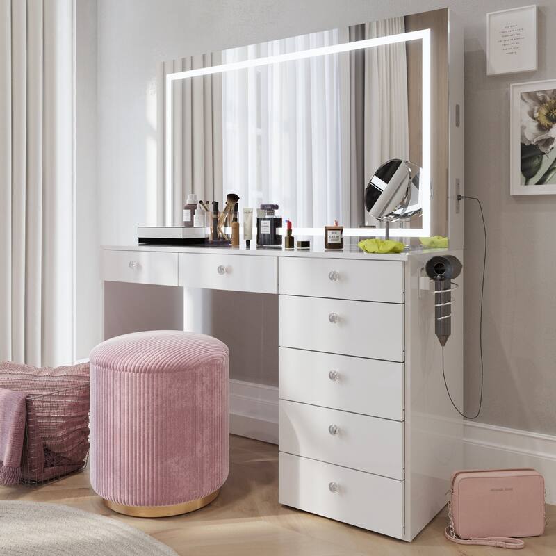 Boahaus Makeup Vanity Desk with LED Mirror & Bluetooth Speakers