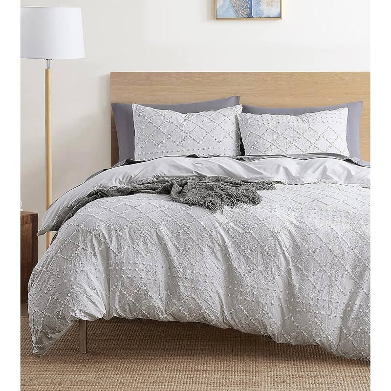 Empyrean Bedding Tufted Duvet Cover Set with Quilted Down Alternative Comforter Insert - White - Diamond - Queen