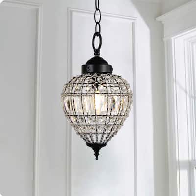 Matte Black Beaded Clear Crystal 1 Light Island Pendant 9" Chandelier - 7" Wide x 9" Height