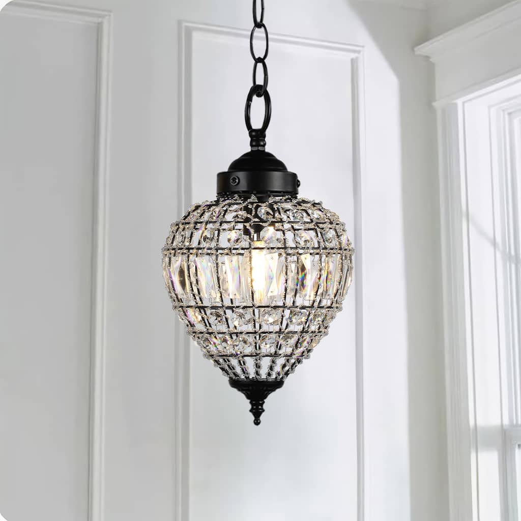 Matte Black Beaded Clear Crystal 1 Light Island Pendant 9" Chandelier - 7" Wide x 9" Height