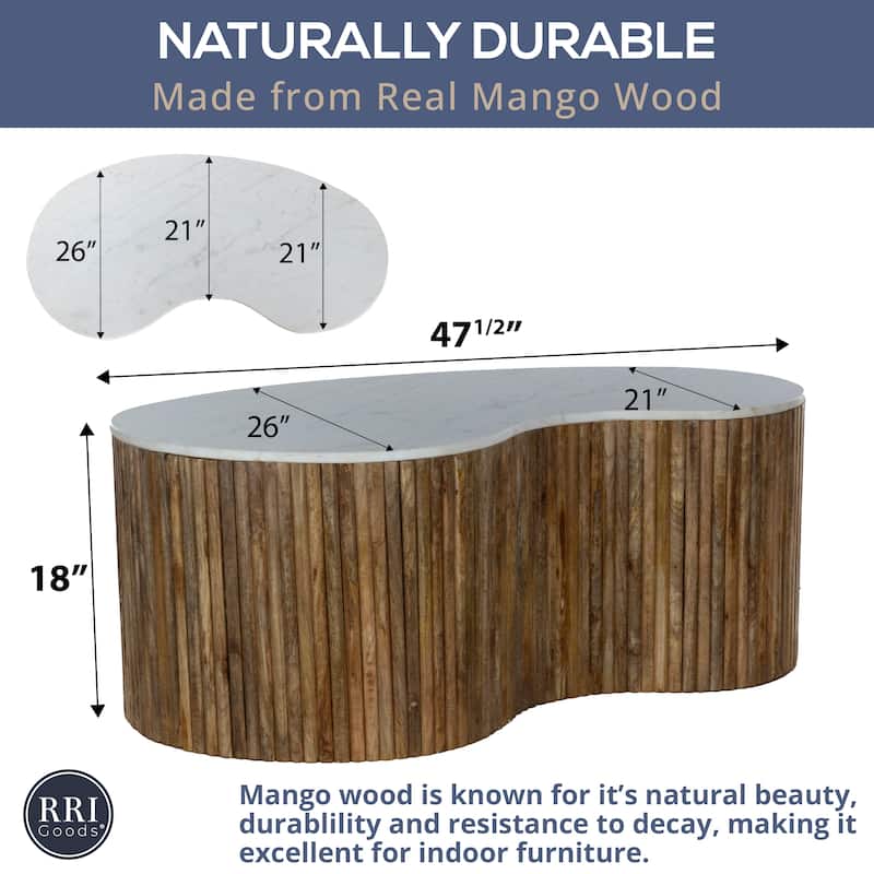 48" Curved Mango Wood Coffee Table with White Banswara Marble Top