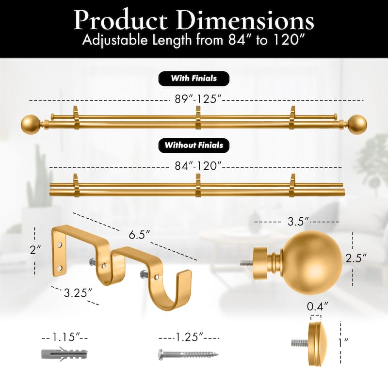 Meriville 1-Inch Diameter Steel Ball Double Window Curtain Rod with Norwood End Cap Finial