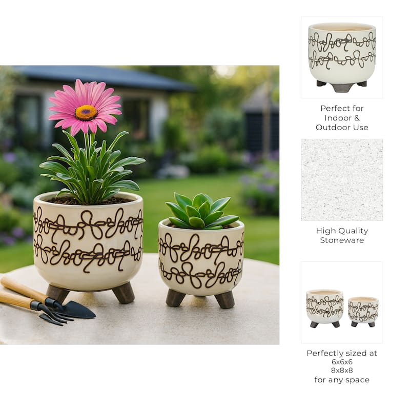 Ceramic Footed Round Planter - Set of 2