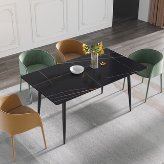 Rectangle Marble Dining Table Set for 6 With Metal Black Legs - Bed ...