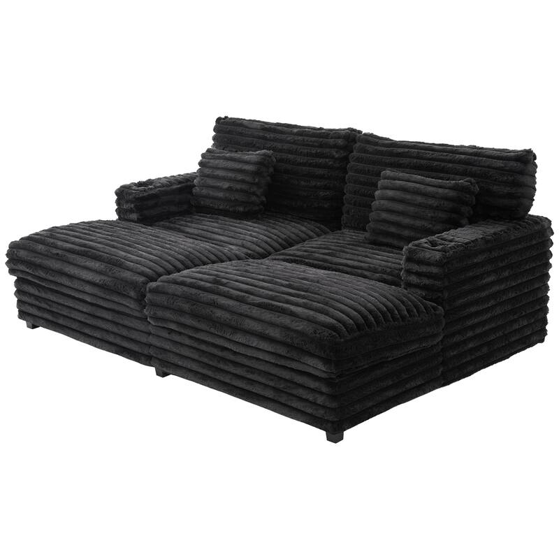 Oversized Double Chaise Lounge Sofa, Living Room 2 Seater Sofa Upholstered Sleeper Sofa Bed Daybed with USB Ports & Cup Holders