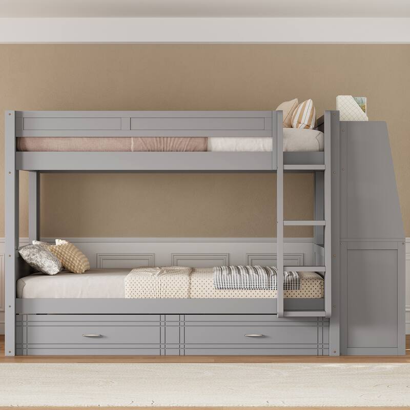 Full Size Multifunctional Bunk Bed Frame with Bookshelves, Desk and Cabinet, Optional with Pull-out Drawers or Trundle Bed