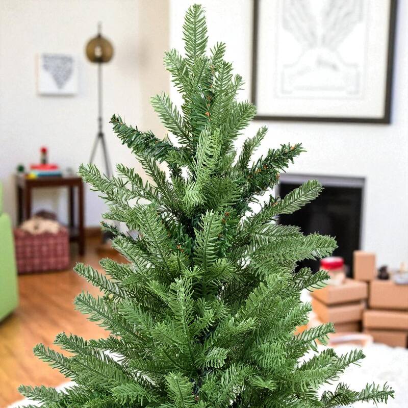 7ft Unlit Artificial Christmas Tree with Hinged Branches, Mixed PE PVC Tips and Metal Base
