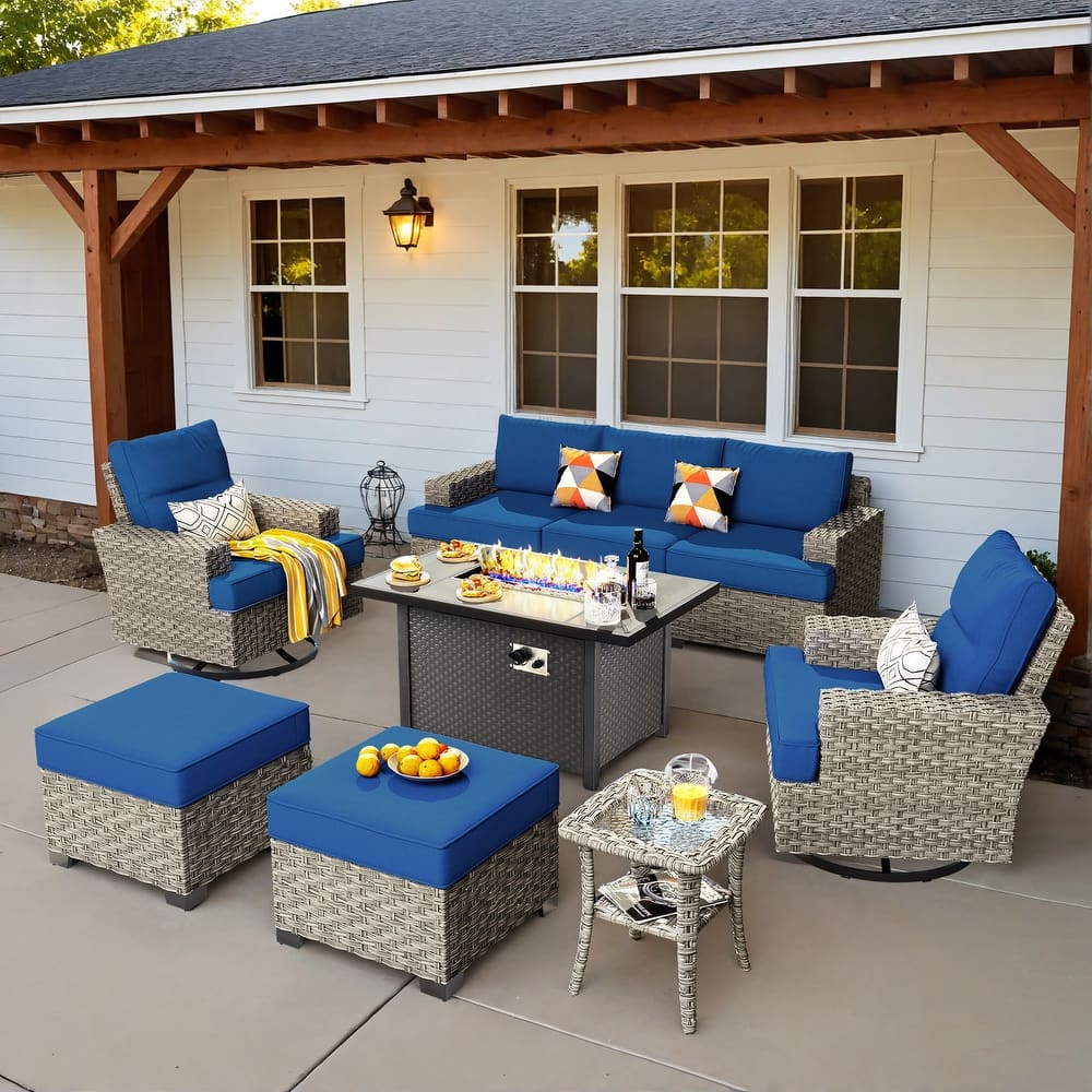 OVIOS 9 Pieces T shaped Seat Wide Armrest Swivel Chair Set With Fire Pit