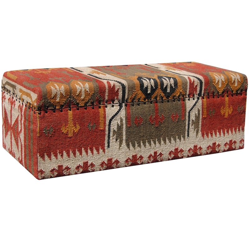 Handmade Indo Tribal Kilim Upholstered Storage Ottoman (India)