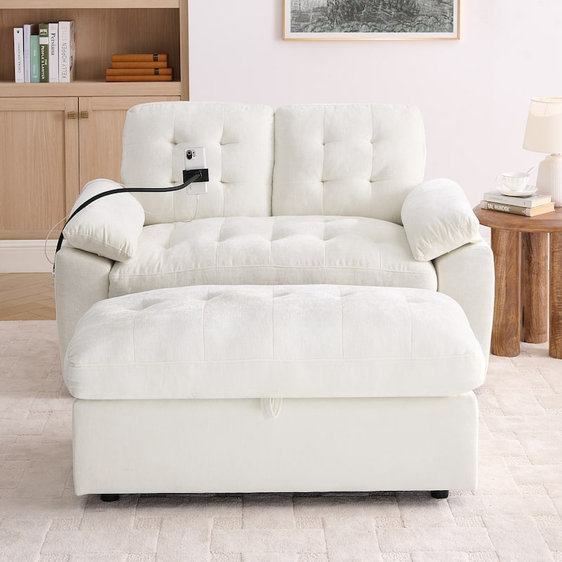 Double Recliner Chair with Adjustable Backrest, Storage Ottoman, USB Port & Phone Stand