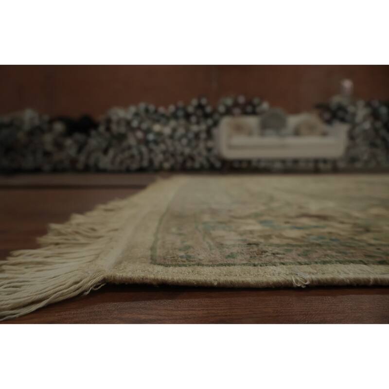 Hand Knotted Oriental Silk Carpet Traditional Floral Beige & Ivories Kashmir Area Rug - 7' 4'' X 6' 11''